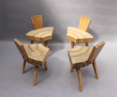 Set of Four French 1950s Organic Tree Trunk Slice Oak Chairs