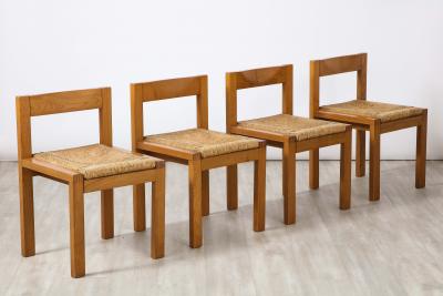 Set of Four Italian 1950s Oak and Rush Seat Dining Chairs