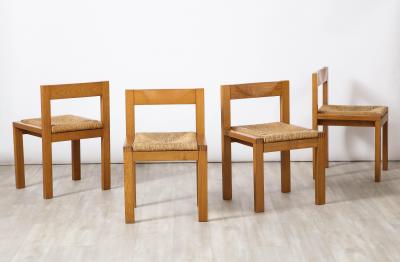 Set of Four Italian 1950s Oak and Rush Seat Dining Chairs