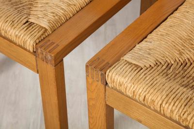 Set of Four Italian 1950s Oak and Rush Seat Dining Chairs