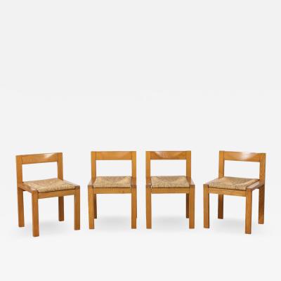 Set of Four Italian 1950s Oak and Rush Seat Dining Chairs