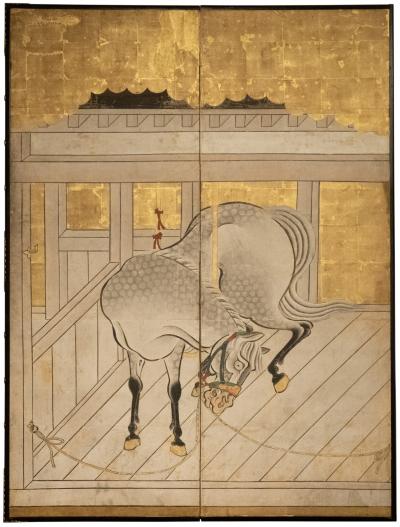 Set of Four Japanese Two Panel Screens Horses in Stable