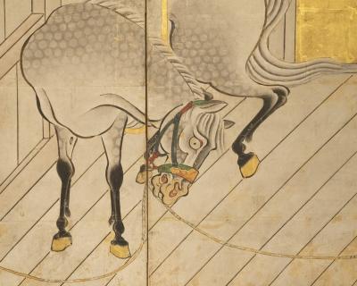 Set of Four Japanese Two Panel Screens Horses in Stable
