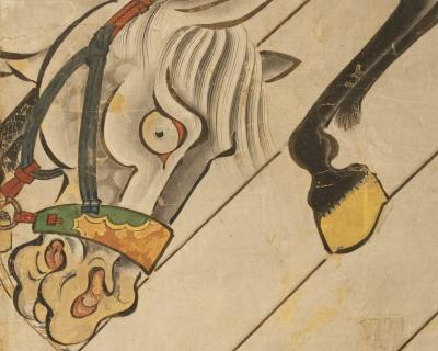 Set of Four Japanese Two Panel Screens Horses in Stable