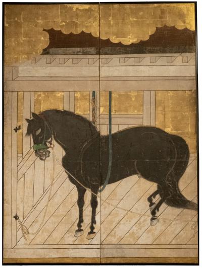 Set of Four Japanese Two Panel Screens Horses in Stable