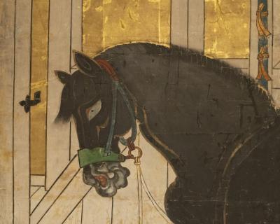 Set of Four Japanese Two Panel Screens Horses in Stable