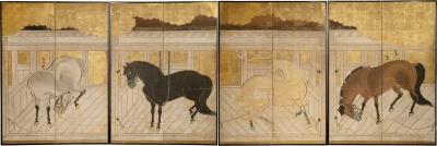 Set of Four Japanese Two Panel Screens Horses in Stable