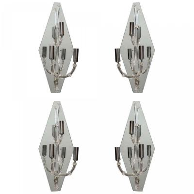 Set of Four Large Murano Glass and Mirror Wall Lights Sconces Italy 1950s