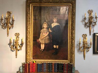 Set of Four Large Ornate Three Light Torch and Ribbon Form Wall Sconces