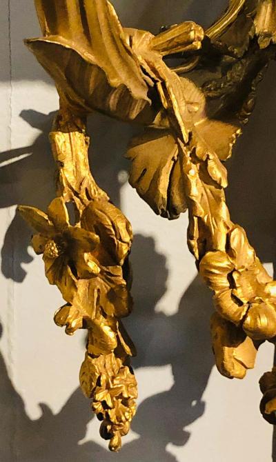 Set of Four Large Ornate Three Light Torch and Ribbon Form Wall Sconces