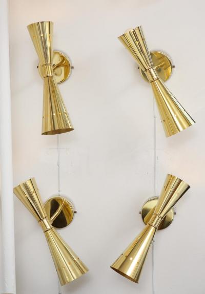 Set of Four Modernist Brass Double Cone Wall Lights or Sconces Italy 2022