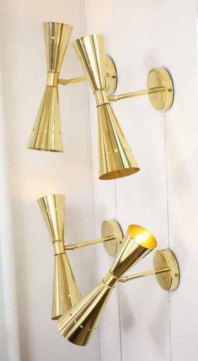 Set of Four Modernist Brass Double Cone Wall Lights or Sconces Italy 2022