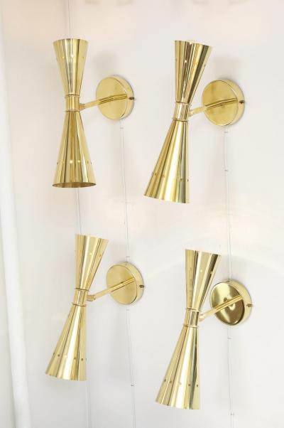 Set of Four Modernist Brass Double Cone Wall Lights or Sconces Italy 2022