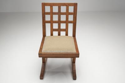 Set of Four Oak Dining Chairs with Geometric Backs Europe Mid 20th Century