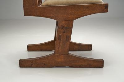 Set of Four Oak Dining Chairs with Geometric Backs Europe Mid 20th Century