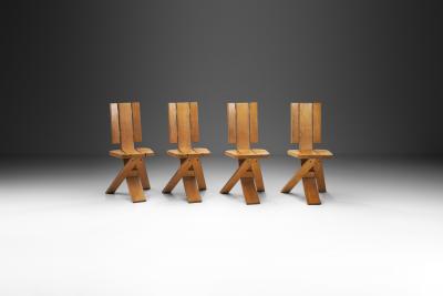 Set of Four Sculptural Oak Tripod Chairs by Eb nisterie Seltz France 1970s