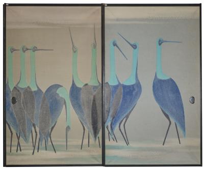 Set of Four Sliding Doors Fusuma Wading Cranes