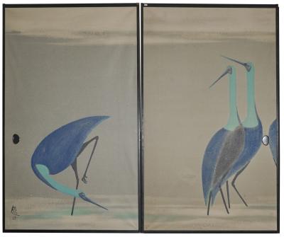 Set of Four Sliding Doors Fusuma Wading Cranes