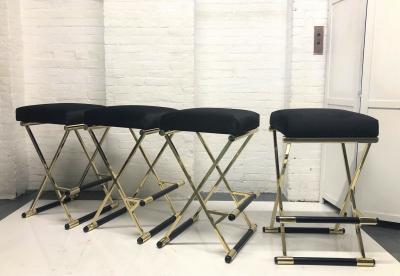Set of Four Velvet and Brass Finish Bar Stools