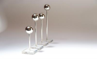 Set of Four Vintage Chrome Orb Candlesticks with Lucite Stems and Bases