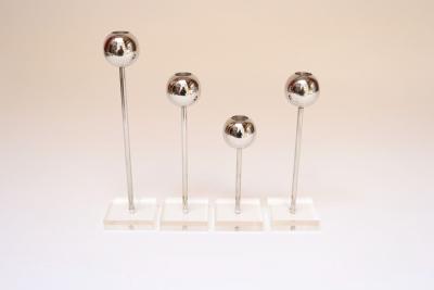 Set of Four Vintage Chrome Orb Candlesticks with Lucite Stems and Bases