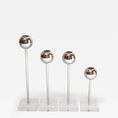 Set of Four Vintage Chrome Orb Candlesticks with Lucite Stems and Bases