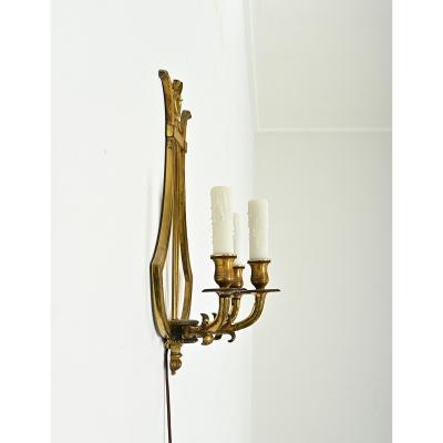 Set of Four Vintage French Brass Lyre Sconces