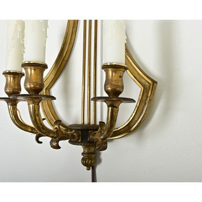 Set of Four Vintage French Brass Lyre Sconces