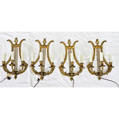 Set of Four Vintage French Brass Lyre Sconces