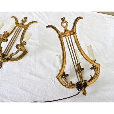 Set of Four Vintage French Brass Lyre Sconces