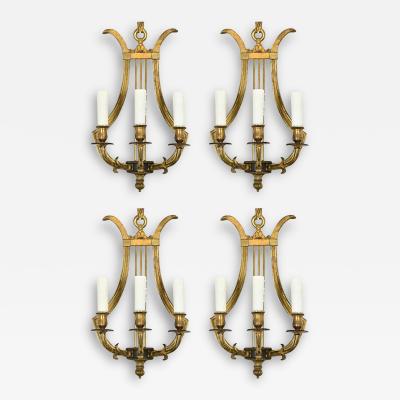 Set of Four Vintage French Brass Lyre Sconces