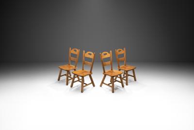 Set of Four Wooden Brutalist Dining Chairs Europe 20th Century