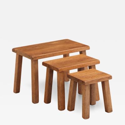 Set of French Brutalist Solid Oak Nesting Tables C 1960
