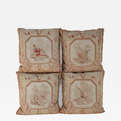 Set of French Victorian Beige Square Aubusson Bird Pillows