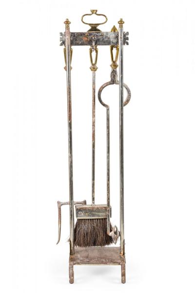 Set of French Victorian Style Iron and Brass Scroll Design Fire Tools