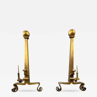 Set of Grand Antique Brass Columnar Andirons with Cannonball Finial