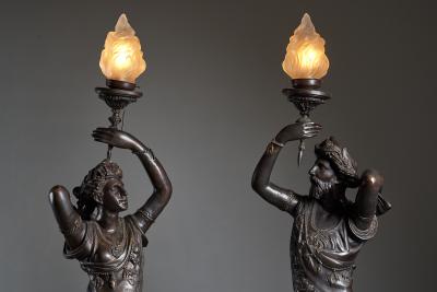 Set of Italian Bronze Floor Lamps with Figural Sculptures Early 20th Century