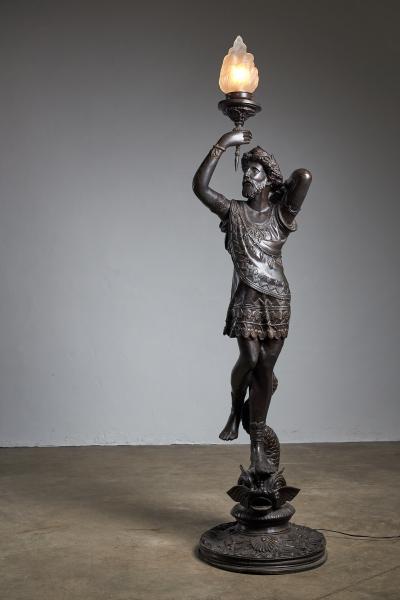 Set of Italian Bronze Floor Lamps with Figural Sculptures Early 20th Century