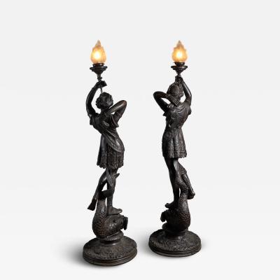 Set of Italian Bronze Floor Lamps with Figural Sculptures Early 20th Century