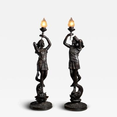 Set of Italian Bronze Floor Lamps with Figural Sculptures Early 20th Century