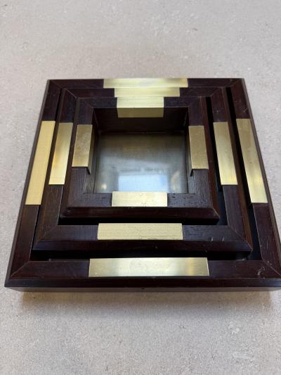 Set of Italian Wood and Brass Square Decorative Trays 1970s