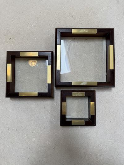 Set of Italian Wood and Brass Square Decorative Trays 1970s
