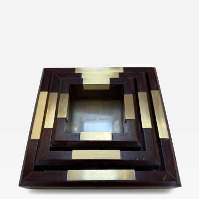 Set of Italian Wood and Brass Square Decorative Trays 1970s