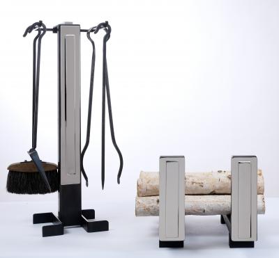 Set of Nickled Andirons with Tools France 1970s