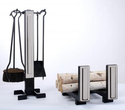 Set of Nickled Andirons with Tools France 1970s