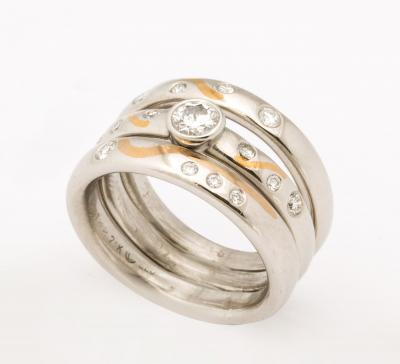 Set of Platinum Stacking Bands with Diamonds and Inlaid Gold