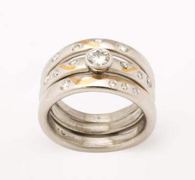 Set of Platinum Stacking Bands with Diamonds and Inlaid Gold
