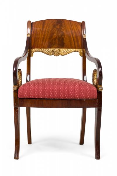 Set of Russian Neo Classical Mahogany Parcel Gilt Red Upholstered Dining Chairs