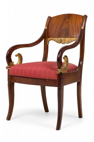 Set of Russian Neo Classical Mahogany Parcel Gilt Red Upholstered Dining Chairs