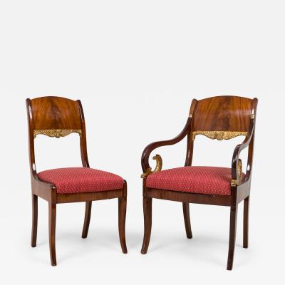 Set of Russian Neo Classical Mahogany Parcel Gilt Red Upholstered Dining Chairs